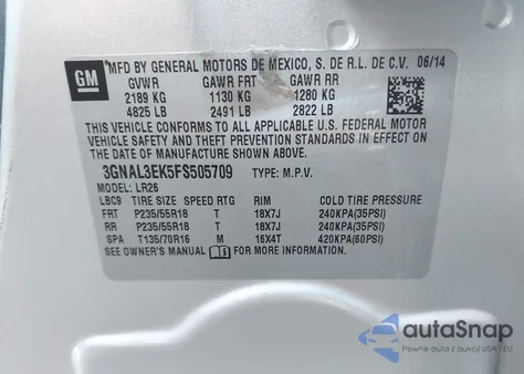 2015 Chevrolet Captiva Sport Lt z USA, uszkodzony, nr VIN 3GNAL3EK5FS505709